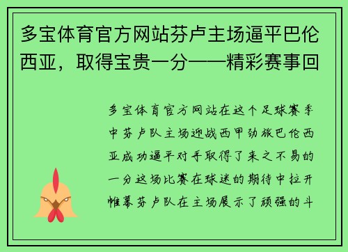 多宝体育官方网站芬卢主场逼平巴伦西亚，取得宝贵一分——精彩赛事回顾 - 副本