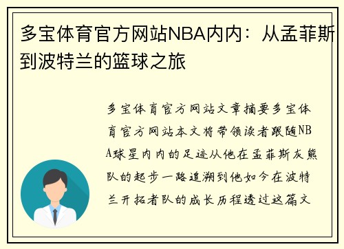 多宝体育官方网站NBA内内：从孟菲斯到波特兰的篮球之旅